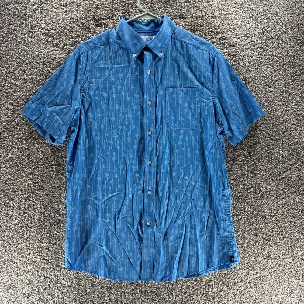Southern Tide Shirt Mens Medium Blue Button Up Reel Em In SS Sport Fishing Nylon